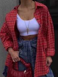 Damesblouses Overhemden LZEQuella Dames Herfst Winter Oversized Overhemden Casual Rode Plaid Street Style Shacket Blouses Tops Single-Breasted Outfits YQ231214