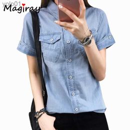 Blouses Femme Chemises Magiray Harajuku Denim Blouse femmes été court Sle Vintage Jeans chemise Femme Baggy bouton poche décontracté Blusa Feminina 316L231214