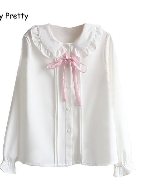 Blusas de mujer Camisas Merry Pretty Lolita Style Mujer Camisa blanca Manga larga Peter Pan Collar Pink Bowknot Blusa de gasa Camisa JK Uniforme escolar Top 230225