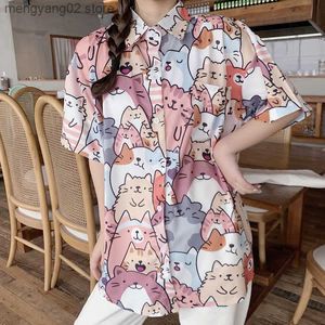 Chemisiers pour femmes Chemises MINGLIUSILI Kawaii Bouton Chemise Mode 2021 Été Chat Imprimer Blouse Femmes À Manches Courtes Lâche Casual Style Coréen Vêtements T230508