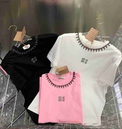 Damesblouses Shirts Miumiuss Zomer-T-shirt voor dameskleding Letterborduurkralen O-hals T-shirt met korte mouwen Femme 240318