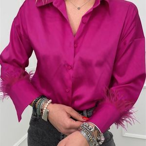 Blusas de mujer Camisas Mnealways18 Puños de plumas Mujeres elegantes Rosa de gran tamaño y tops Empalme Primavera Satén Oficina Damas 220923