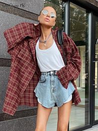 Dames Blouses Shirts Mnealways18 Street Style Rode Geruite Shirts Vrouwen Onregelmatige Lange Mouwen Oversized Blouses Lente Losse Gingham Tops Trendy 230808