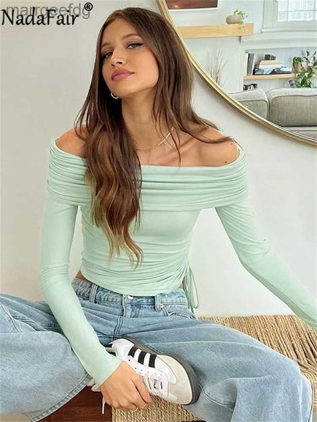 Blusas de mujer Camisas Nadafair Off Hombro Manga larga Crop Tops Mujer Otoño Camisetas ajustadas Fruncido Casual Y2K Flaco Blanco Verde Básico Elegante YQ231219