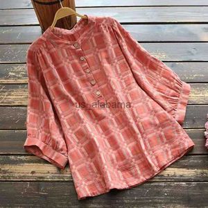 Blouses Femme Chemises Nouveauté été femmes ample décontracté demi manches col rond chemisier tout assorti simple boutonnage Plaid coton lin chemises décontractées W88 YQ231214