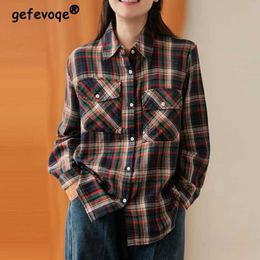 Blouses Femme Chemises Nouveau automne hiver Vintage Plaid imprimé chemise boutonnée pour les femmes coréen décontracté à manches longues en coton Blouse haut Blusas vêtements YQ231209