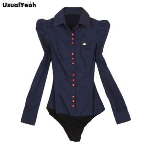 Blouses pour femmes Chemises Nouvelle mode élégante à manches longues en coton OL Body Shirt bureau dames Body bouton Design bleu foncé blanc rouge S-3XL grande taille YQ240119