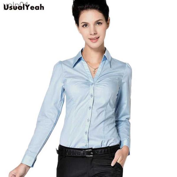 Blouses Femme Chemises Nouvelles dames longue chemise de corps femmes coupe ajustée col rabattu formel col en V blanc bleu chemisier pour vêtements de travail SY0253 S-XXLL231214