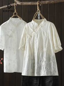 Chemises de chemisiers pour femmes Nouveaux coton de printemps Jacquard Femmes à manches courtes Rétro Top Girl Loose de banlieus