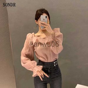 Dames Blouses Shirts Nieuw Vierkante Hals Lange Mouw Roze Shirt Casual Top 2021 Zomer Shirt Elegante Zoete Contrast Shirt Koreaanse OnePiece Dames Shirt J230802