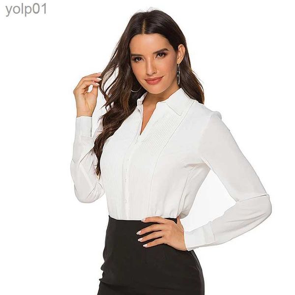 Blouses Femme Chemises Nouvelles femmes mode mousseline de soie bureau chemisier plissé corps chemises col en V blusa feminina longue Sle Body S-XXL blanc noir L231214