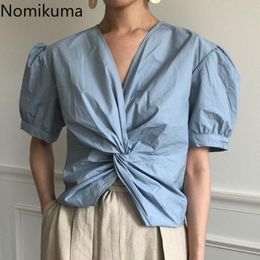 Dames Blouses Shirts Nomikuma bijgesneden Tops Dames Zomer Franse Stijl Blouse Camisas Cross Design Solid Color V-hals Puff Sleeve Blusas M