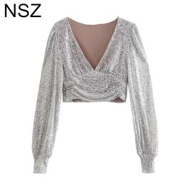 Chemisiers pour femmes Chemises NSZ Femmes Élégant Chic Paillettes Brillantes Chemisier À Manches Longues Col En V Profond Sexy Dames Soirée Night Club Cropped Top Shirt