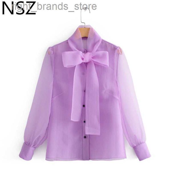 Chemisiers pour femmes Chemises NSZ Femmes Organza Blouse Transparent Tulle Chemise Sheer Top Voir à travers Noeud papillon Cou Dames Bureau Top Blusas Camisas Violet Y2004020216V23