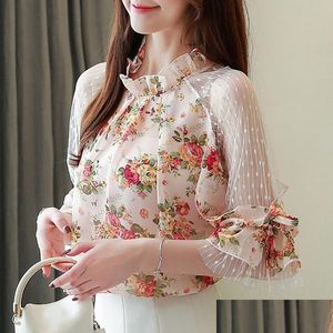 Blouses voor dames shirts van Shoder Women Spring Summer Style Chiffon Lady Casual Stand Collar Flower Gedrukte Blusas Tops ZZ0817 Wome Dhwmu