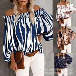 Blouses -shirts voor dames van schouderstreep afdruk lange mouw top schuine nek blouse mode losse zomer casual tops sexy strapless 240411