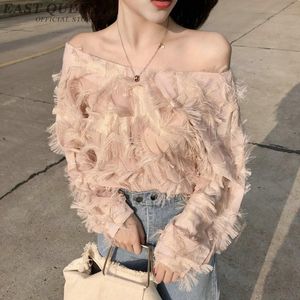 Women's Blouses Shirts Off Shoulder Top Femme Sexy tops Casual lange mouwen gebreide Tassel Vestidos Slash Neck Women Cleren Streetwear la