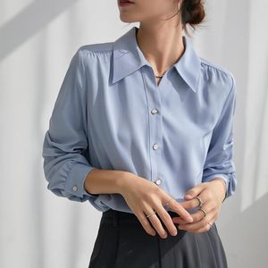 Women's Blouses Shirts Office Lady Blue Witte blouse met zakken lange mouwen enkele borstvies Chiffon