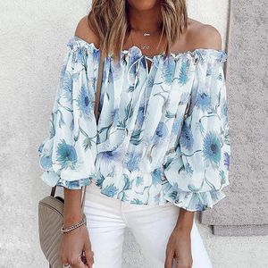 Blouses voor damesoverhemden een nek uit schouder chiffon shirt vrouwen bloemenprint 3/4 mouw tops flare slash blusas