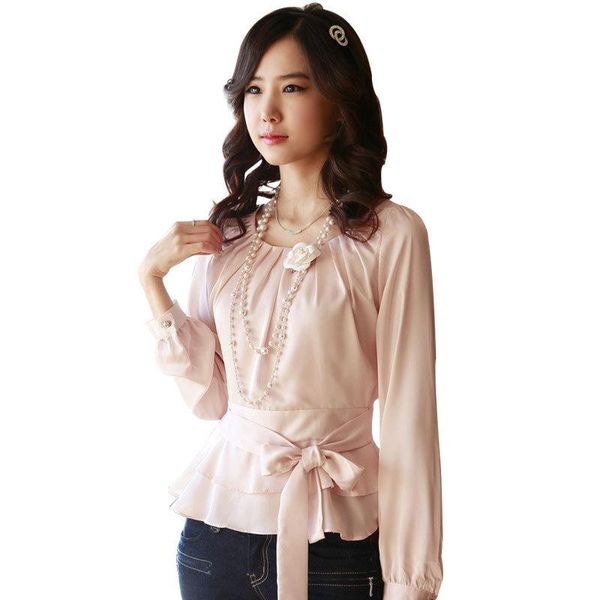 Blusas para mujer Camisas Peplum Tamaño S-XXL Moda para mujer Blanco Rosa Cintura delgada O Cuello Manga larga Cinturón con lazo Tops Blusa de gasa dulceMujeres