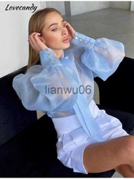 Dames Blouses Shirts Perspectief Mesh Lange Pofmouwen Overhemd Kraag Lace Up Overlay Pullover Ondervacht 2023 Zomer Elegante Sexy Dames Effen Shirts J230802