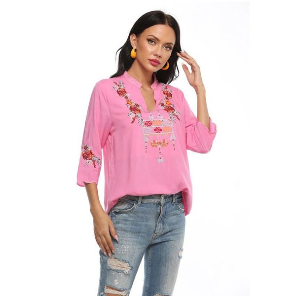 Chemisiers pour femmes chemises rose broderie florale chemisier chemise coton grande taille été femmes mexicaines surdimensionné S-3XL dames ethniques