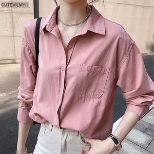 Blouses -shirts met dames roze wit shirt dames losse dameszakken vaste blouses mode Koreaanse tops lange mouw kledingknop plus maat 230424