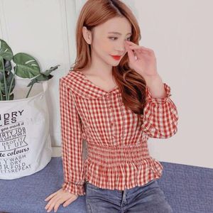 Blusas para mujer, camisas a cuadros con cuello de muñeca estampado, camisa de manga larga para mujer, cintura plisada, adelgazante, costura de un solo pecho, primavera C para mujer