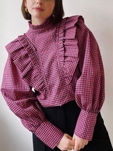 Blouzen voor dames shirts plaid stand kraag shirt vrouwen ruches ruches lange mouwen lente zomer vintage dames blouse 2023