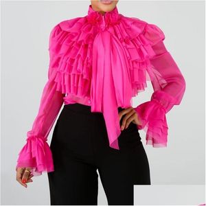 Damesblouses Overhemden Effen Fal Lange mouw Dames Zomer Roze Ruches Tops Blouse Vrouw Grote maten Kantoor Ol Elegante dame Mx20040 Dhtcg