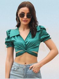 Blouzen voor dames shirts gewone puff mouw draai front tie rug gewas blouse top vrouwen sexy diep v-neck strakke zoom korte tops zomer casual sa