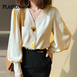 Damesblouses Overhemden PLAZSON camisas y blusas Elegant V-hals Lange lantaarnmouwen Casual los chiffon Kantoor Dame Knopentopjes 231110