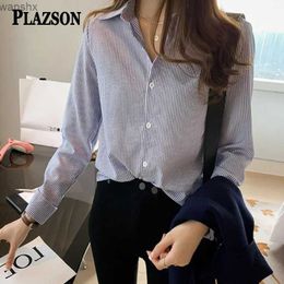 Blouses voor dames shirts Plazson Classic Striped Camisas Dameshirt Spring en herfstblauwe polo nek Lange mouw Fashion Office Shirt Topl2405