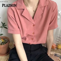 Blouzen voor dames shirts Plazson zomer zomers korte mouwen dames polo kraag met een vaste borste basic shirt van de oostelijke poort Koreaanse topl2405
