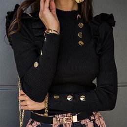 Blouses pour femmes chemises de grande taille automne hiver femmes à manches longues tricots côtes à volants boutons chemise de base 220913