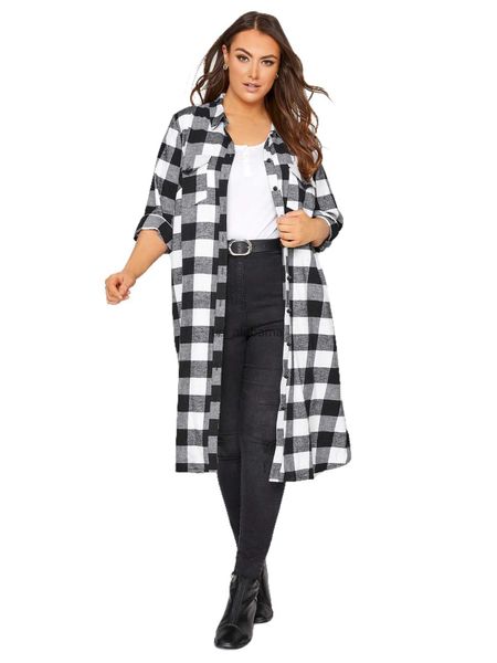 Chemisiers pour femmes Chemises de grande taille élégant printemps automne Maxi chemise femmes à manches longues à roulettes noir blanc chemise à carreaux robe chemise à carreaux ample 6XL 7XL YQ231214