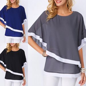 Blouses -shirts voor vrouwen plus maat voor vrouwen 4xl 5xl patchwork dubbele laag tops casual batwing tunic 2022 herfst grote chiffon