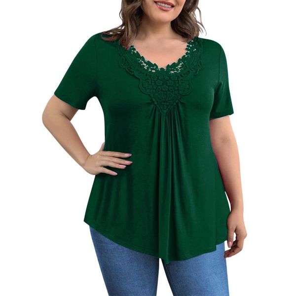 Blusas para mujer, camisas de talla grande, Tops de encaje, verano 2023, manga corta, cuello en V, camisa verde negra, blusa elegante, ropa para mujer