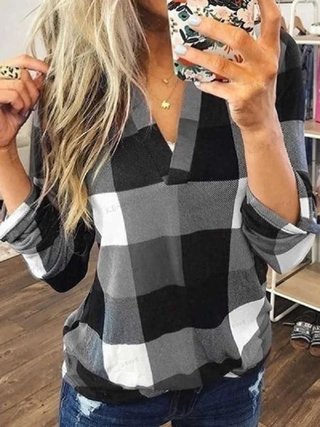 Blouses pour femmes Chemises de grande taille femmes automne Plaid Check col en V Blouse chemise surdimensionnée dames à manches longues décontracté Baggy hauts amples vêtements vêtements 2023 T240129