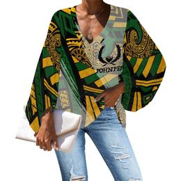 Blouses pour femmes Chemises Vêtements tribaux polynésiens Pohnpei Logo Vert Jaune Impression Personnalisée 2022 Printemps Femmes Élégantes Chemisier En Mousseline De Soie Lanterne
