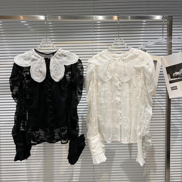 Chemisiers pour femmes Chemises PREPOMP 2022 Printemps Arrivée Pétale Col Châle Mousseline de Soie Crochet Fleur Loong Fluffy Manches Chemise Décontractée Femmes GD692