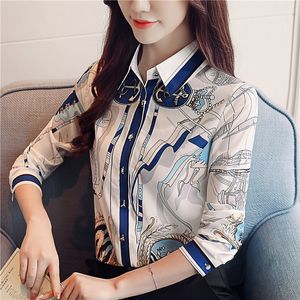 Blusas de mujer Camisas Blusa de gasa estampada Mujer Manga larga 2021 Cárdigan kimono coreano Trabajo de oficina Tops para mujer y