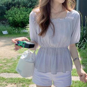 Blouses -shirts voor dames Puff Sleeve Chiffon Zomer Koreaans Chic Square Collar Women Short Tops Dunne elegante zoete slanke blouse Boho Holiday N