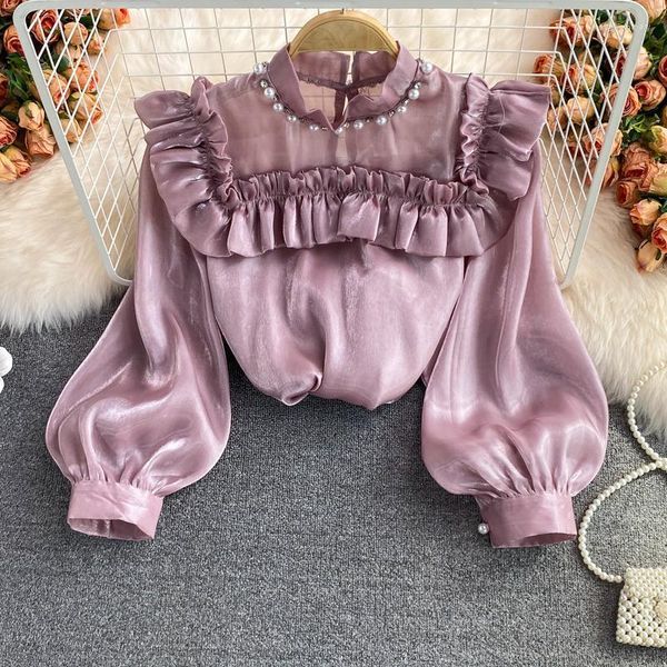 Blouses Femmes Chemises Violet/Beige/Blanc Femmes Col Montant Chemisier À Volants Automne Style Européen Puff Manches Longues Lâche Femme Haut Élégant