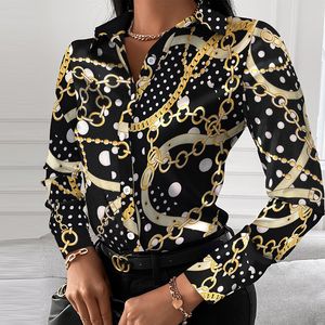 Tops y blusas con estampado de cadena para mujer, camisas elegantes informales de manga larga con cuello vuelto a la moda de talla grande para trabajo de oficina para mujer