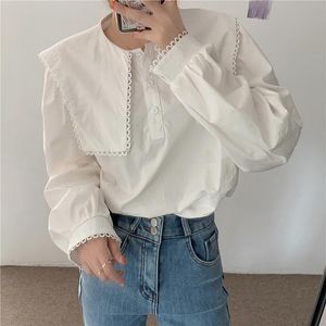 Damesblouses Shirts Qoerlin Chic Preppy Stijl Sweet Mode Dames Sailor Collar Tops Verse Puff-Sleeve All-Match Shirt Losse Casual Str