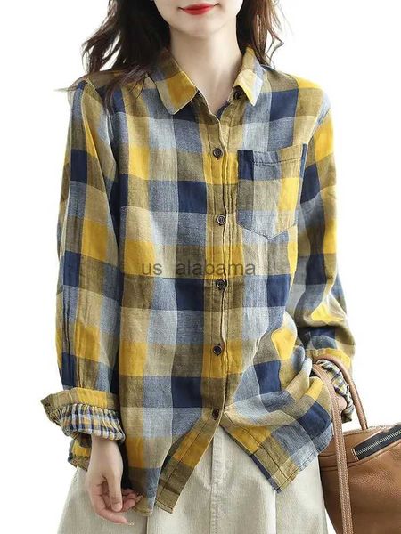 Blouses Femme Chemises QPFJQD 2024 hiver Vintage hauts dames de luxe lâche Blouses à carreaux femmes décontracté japonais Harajuku lin chemises coton vêtements YQ231214