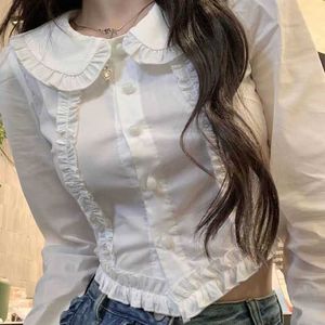 Blouses voor dames shirts qweek kaii shirt dames lente herfst herfst Japanse preppy stijl lolita blouse tunieken bijgesneden witte knop omhoog lange mouw tops kant p230427