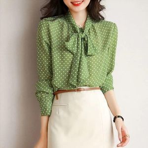 Chemisiers pour femmes Chemises Rouge Vert Polka Dot Print Blouse Femmes Bureau Printemps Automne Tops Noeud Papillon Col À Manches Longues Bouton Up Blusas MujerWom