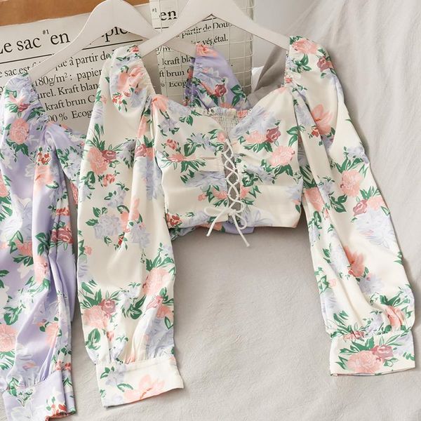 Chemisiers pour femmes Chemises imprimé rétro Chemise à manches longues Hauts 2022 Printemps et été All-match Floral Manches bouffantes Nombril Tube Top Blou